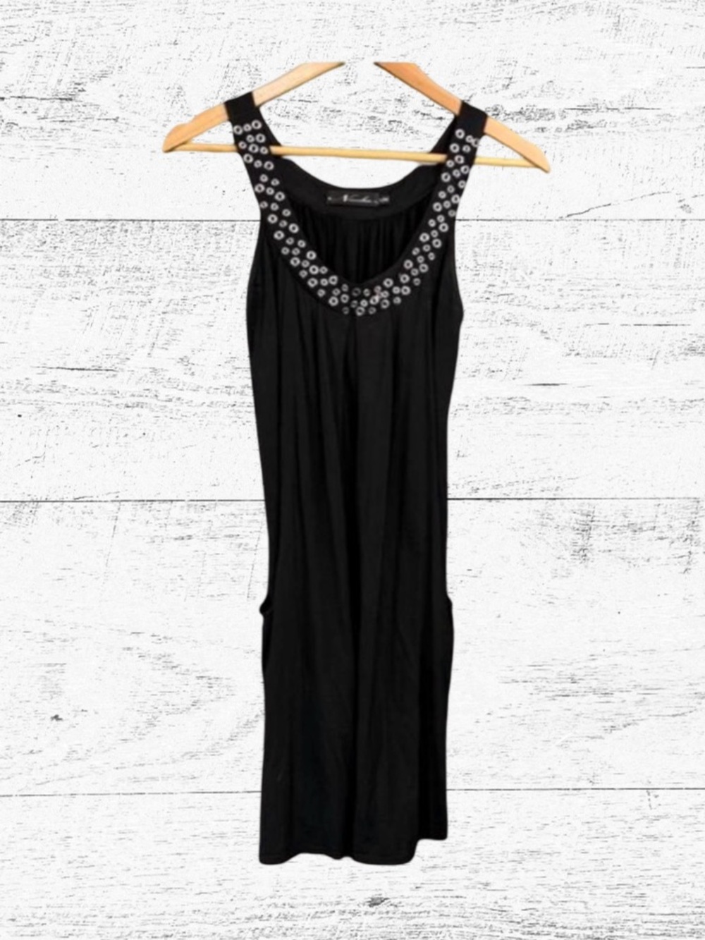 Black Sleeveless Mini Dress with Silver Ruched Embellishments